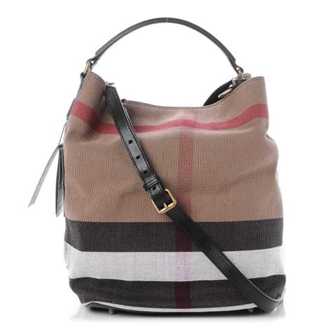 BURBERRY Canvas Mega Check Medium Susanna Hobo Black